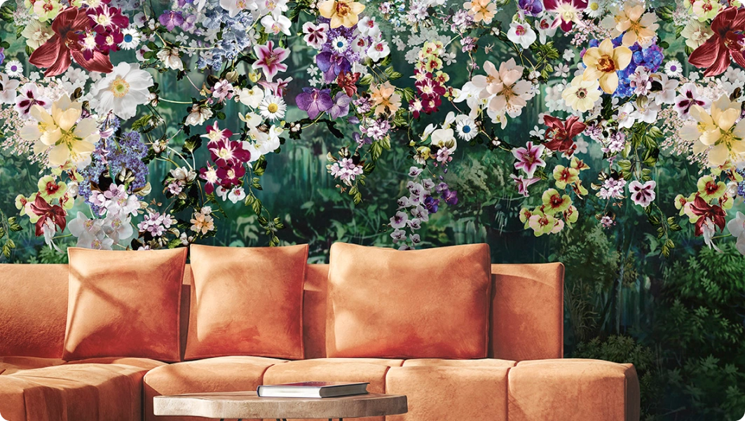 Green with colorful mural wallpaper